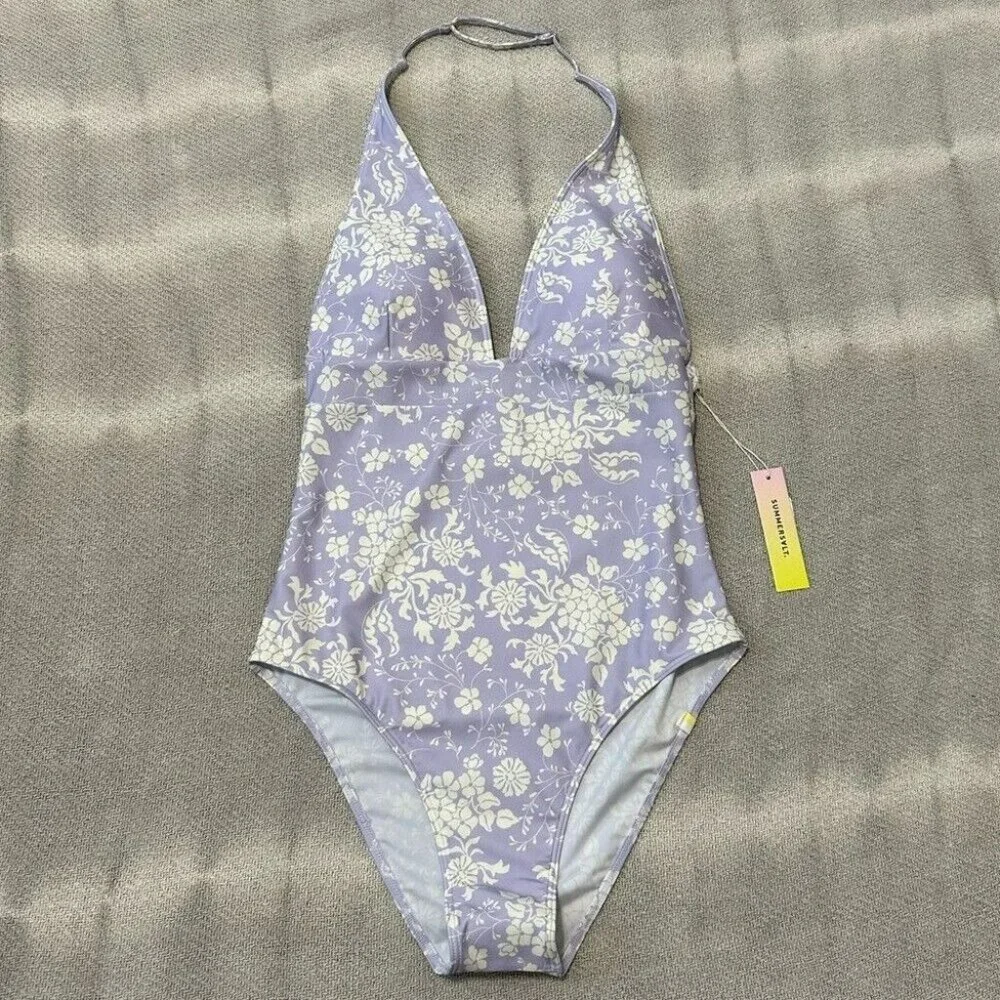 Summersalt Vintage Floral Halter Plunge One Piece Swim Bathing Suit 8 NWT
